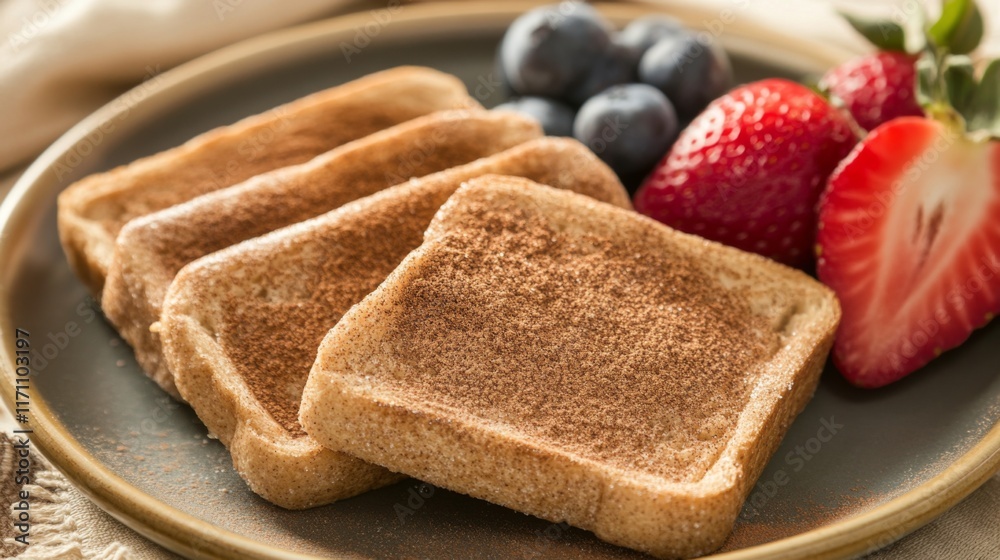 Poster a close-up of sweet cinnamon toast sprinkled with sugar and cinnamon, served on a plate with a side 