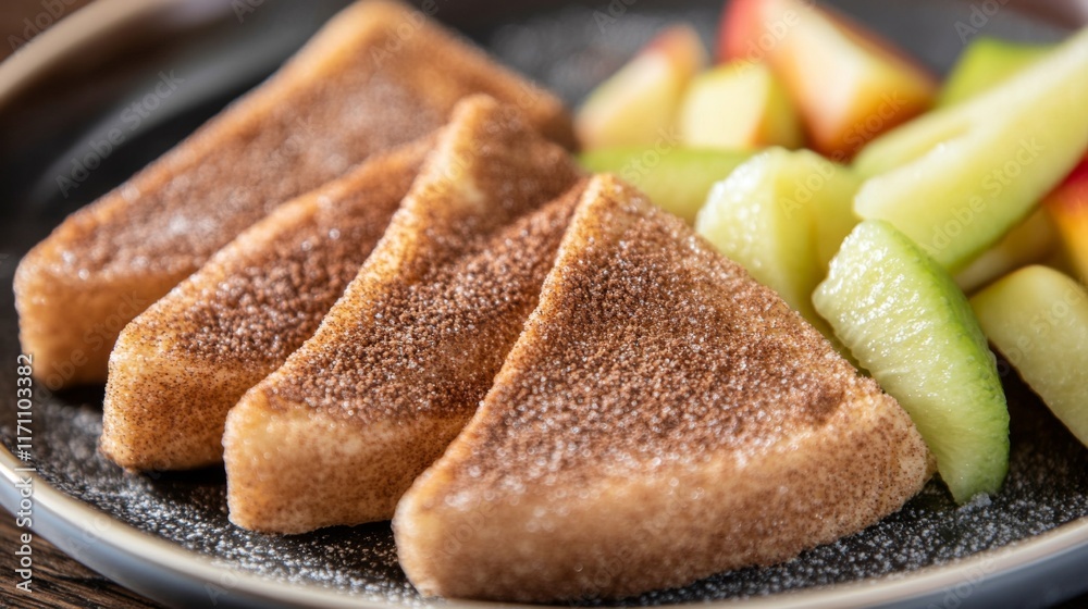 Poster a close-up of sweet cinnamon toast sprinkled with sugar and cinnamon, served on a plate with a side 
