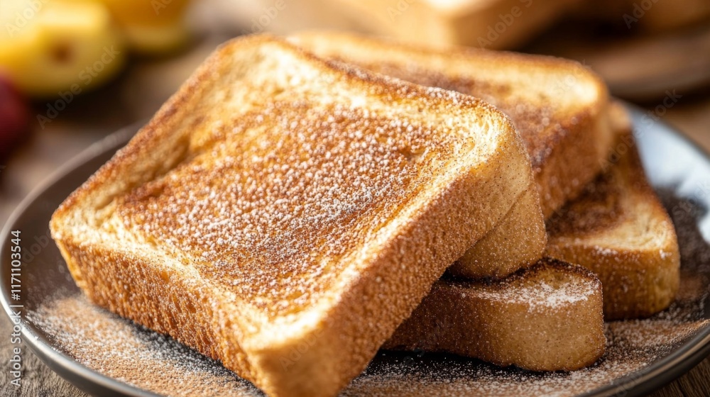 Poster a close-up of sweet cinnamon toast sprinkled with sugar and cinnamon, served on a plate with a side 