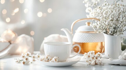 Elegant teacup, teapot & blossoms: A serene spring morning.