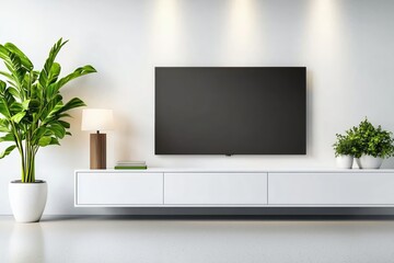 Modern Living Room Interior with Minimalist Television and Stylish Green Plants