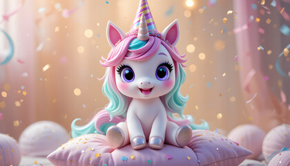 Cute unicorn wearing a party hat on a pink pillow.