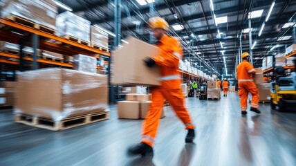 Truck delivery and moving box. Workers in orange uniforms efficiently handling boxes in a busy warehouse setting.