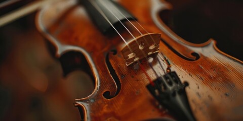 Fototapeta premium Close-up of a violin showcasing its intricate craftsmanship and strings.