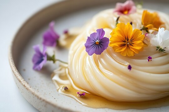 Delicate pasta adorned with vibrant edible flowers, creating bea
