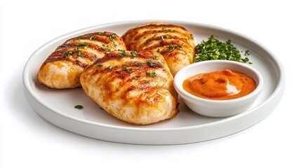 Grilled Chicken Fillets Served with Spicy Sauce and Fresh Herbs on a White Plate
