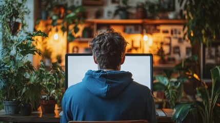 Obraz premium Working in a Shared Workspace A Man Typing at a Desktop Surrounded by Plants