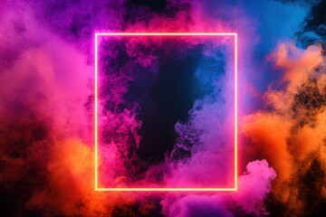 A rectangle neon frame in pink and cyan, floating over an explosion of orange, blue, and purple smoke on a black background, with blank space for text.