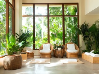 Fototapeta premium Serene Wellness Retreat Interior with Natural Light and Lush Greenery for Relaxation and Tranquility