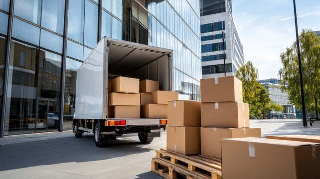 Truck delivery and moving box. Delivery truck unloading boxes outside a modern building. - Powered by Adobe