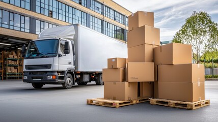 Truck delivery and moving box. Delivery truck parked beside stacked cardboard boxes at a warehouse loading area.