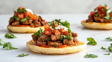 Delicious Latin American Cuisine Featuring Savory Meat Topped Arepas with Fresh Ingredients