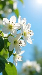 Fototapeta premium Delicate white flowers blooming under the bright sunlight against a clear blue sky