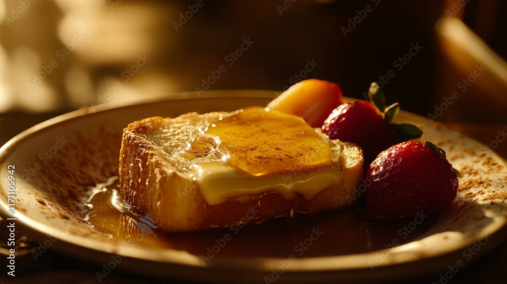 Poster a close-up view of a slice of honey toast on a plate, oozing with melted butter and syrup, surrounde