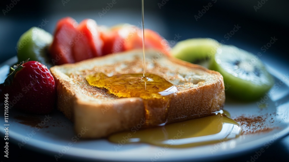 Poster A close-up view of a slice of honey toast on a plate, oozing with melted butter and syrup, surrounded by fresh fruit and a sprinkle of cinnamon.