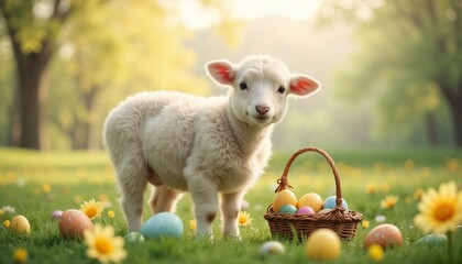 Fototapeta premium Adorable lamb standing beside a basket of colorful Easter eggs in a sunny meadow