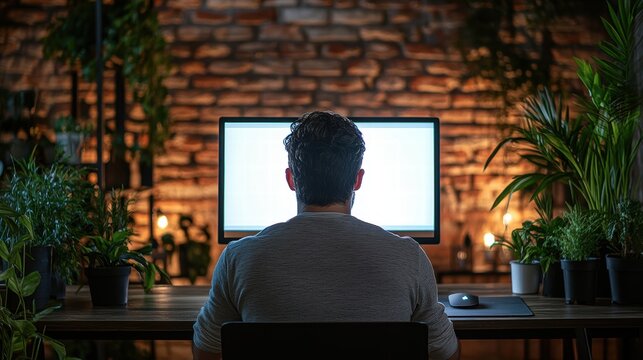 A Man Working in an Industrial-Style Coworking Space Urban Environment Digital Workspace Evening Viewpoint Productivity Concept