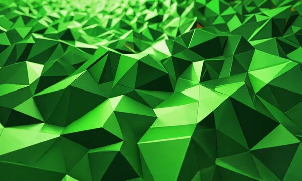 A vibrant, textured landscape of interlocking green polygons creates a dynamic visual experience. The sharp angles and facets catch light, creating subtle highlights and shadows, ai generated