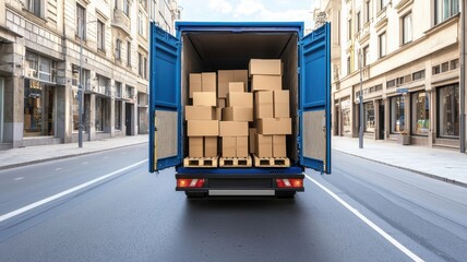 Truck delivery and moving box. Delivery truck loaded with cardboard boxes on city street.