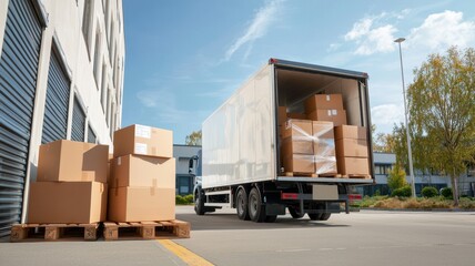 Truck delivery and moving box. Truck unloading boxes at a warehouse with pallets outside in a bright, sunny environment.