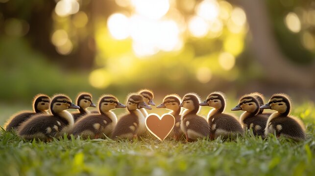 A group of ducklings gathered around a heart-shaped decoration on a grassy field during sunset - Powered by Adobe