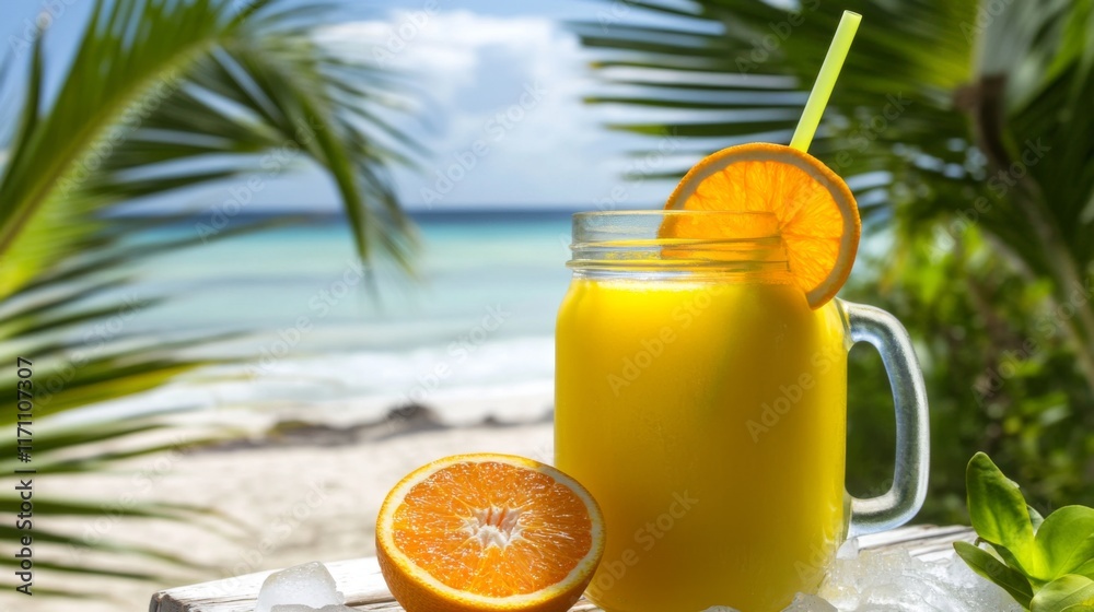 Poster a colorful arrangement of freshly squeezed orange juice served in a mason jar, garnished with an ora