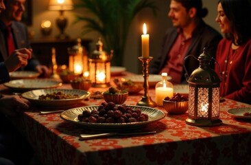 Traditional Ramadan Family Dinner Table with Decorative Elements and Warm Candlelight