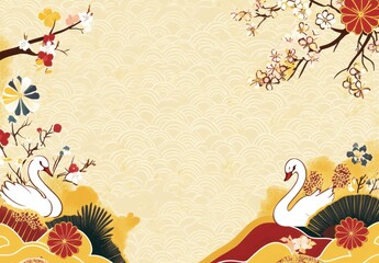Naklejka premium Elegant Asian-inspired design with swans, flowers, and wave pattern.
