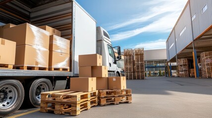 Truck delivery and moving box. Warehouse loading area with stacked boxes and pallets near a delivery truck under a clear sky.