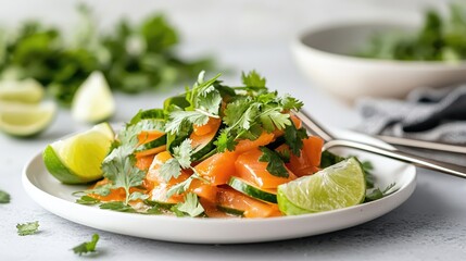 Fresh Salmon Salad with Cucumber, Lime, and Coriander Garnish on Plate in Bright Setting