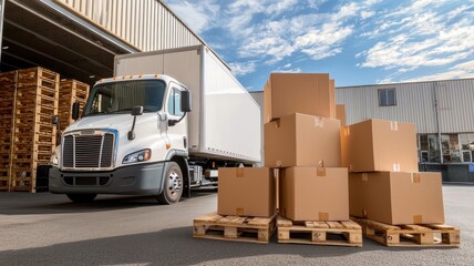 Truck delivery and moving box. Truck unloading boxes at a warehouse, showcasing logistics and transportation operations.