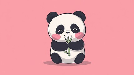 Naklejka premium Cute cartoon panda eating bamboo.