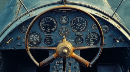 Vintage airplane cockpit with weathered instruments and wooden steering wheel.