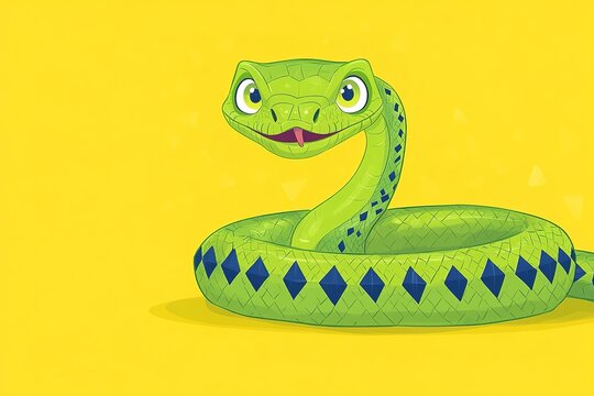 Playful green snake with bright yellow background, charming expr - Powered by Adobe
