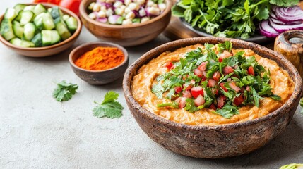 Fresh and Colorful Vegetarian Dish with Herbs, Vegetables, and Spices on a Rustic Table