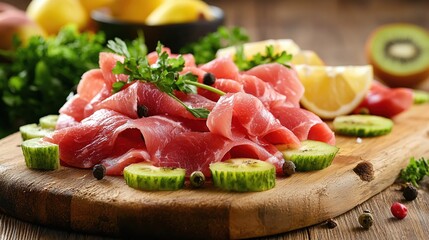 Freshly Sliced Meat with Lemon and Vegetables on Wooden Cutting Board