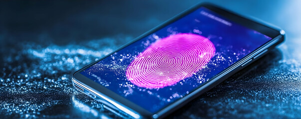 Fingerprint scan on phone screen, water droplets background, security concept