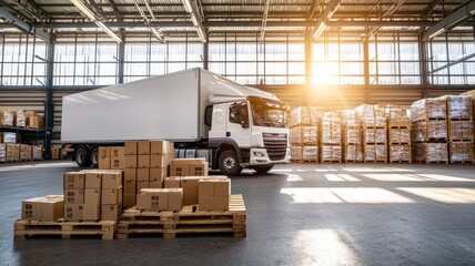 Truck delivery and moving box. Warehouse scene with a delivery truck and stacked boxes in sunlight.