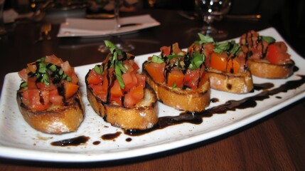 A colorful presentation of bruschetta on toasted baguette slices, topped with diced tomatoes, basil, and drizzled with balsamic glaze for an inviting appetizer.