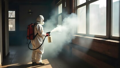 Pest control officer using a sprayer to treat a room for pests, bugs, and mites