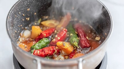 Cooking Spicy Chili Peppers and Vegetables in a Pot over Medium Heat with Steam Rising