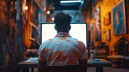 Obraz premium Working Man Typing in Trendy Tech Hub Urban Workspace Digital Productivity Creative Environment Focused Viewpoint