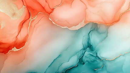 Abstract coral and teal alcohol ink background for design, art, print