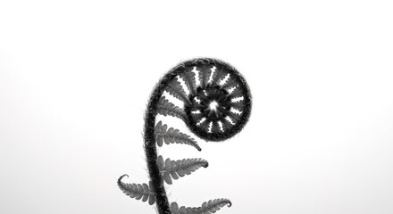 Close-up black and white image of a young fern frond unfurling in a beautiful spiral pattern