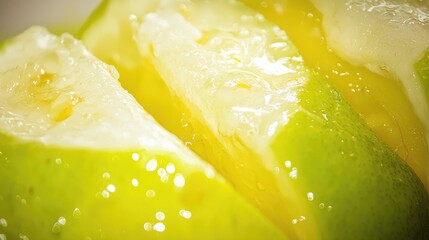 Close-Up View of Juicy Green Pear Slices with Glimmering Bright Yellow Interior and Textured Skin