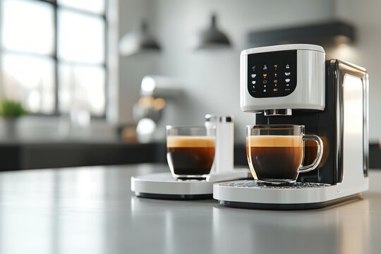 Modern Coffee Machine Preparing Espresso With Two Glass Cups on Kitchen Counter