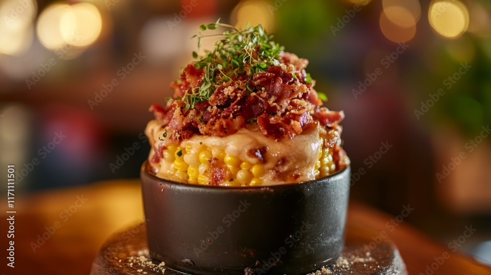 Poster a cozy arrangement of hot cheese corn served with a side of crispy bacon bits and fresh herbs, empha