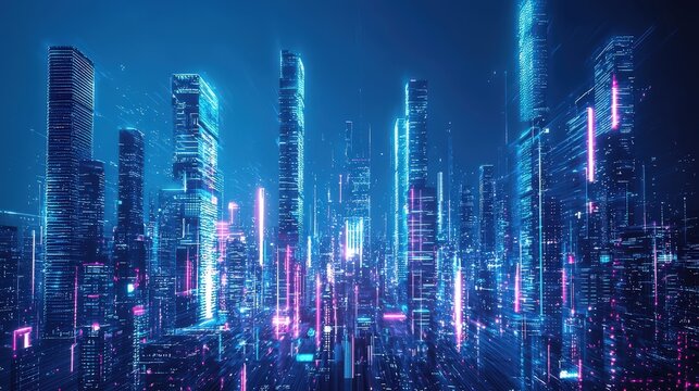 Futuristic Cityscape with Neon Lights and Skyscrapers at Night - Cyberpunk Metropolis Glowing in Vibrant Blue and Pink Hues