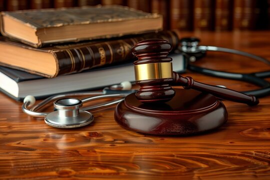 The Scene in Court: Brown Gavel, Medical Stethoscope, and Book on Wooden Desk - Powered by Adobe