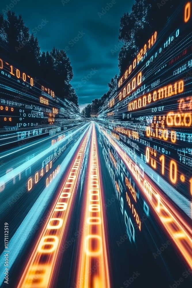 Poster digital data highway glowing streams of code symbolize the flow of data and digital communication.